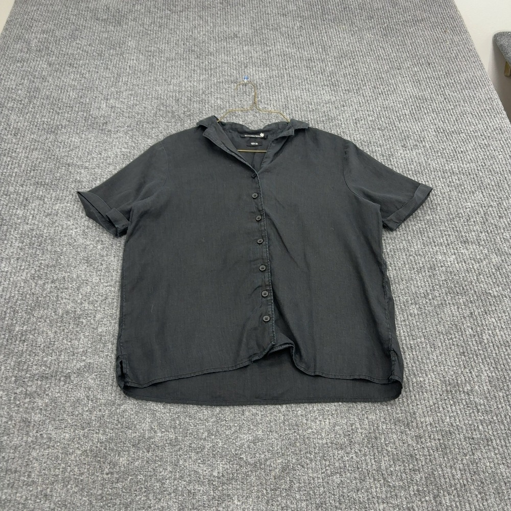 Monoprix Femme Shirt Womens Black Linen Short Sleeve Button Down Casual Summer